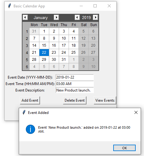 Python: Calender App using Tkinter add events.