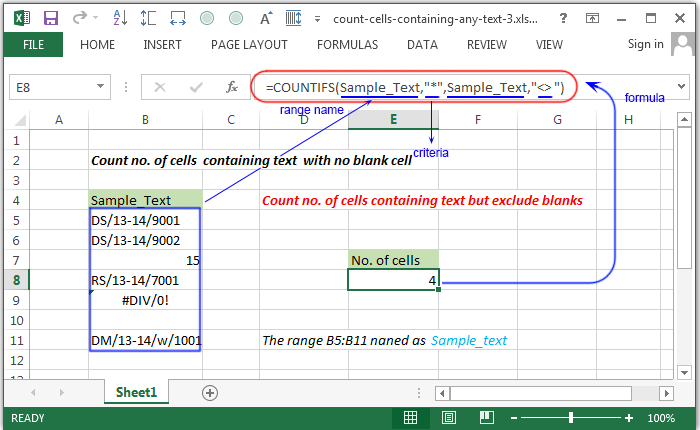 Excel Count Count No Of Cells Containing Any Text W3resource